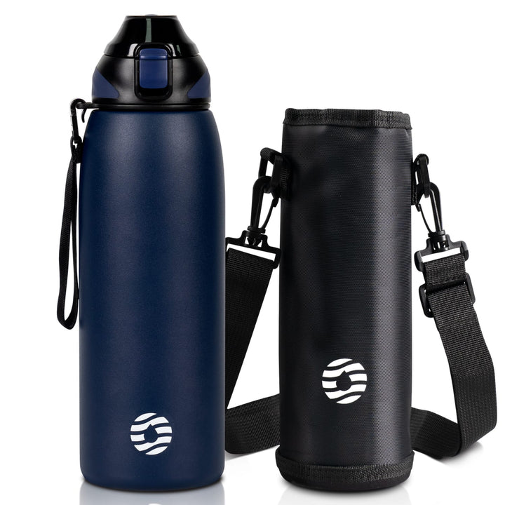 Bouteille d'eau isotherme en acier inoxydable de 1 000 ml avec sac de transport, bouteille pour boissons gazeuses, noire 