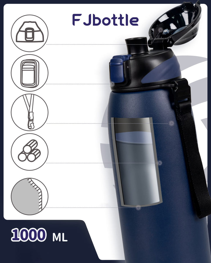 Bouteille d'eau isotherme en acier inoxydable de 1 000 ml avec sac de transport, bouteille pour boissons gazeuses, noire 