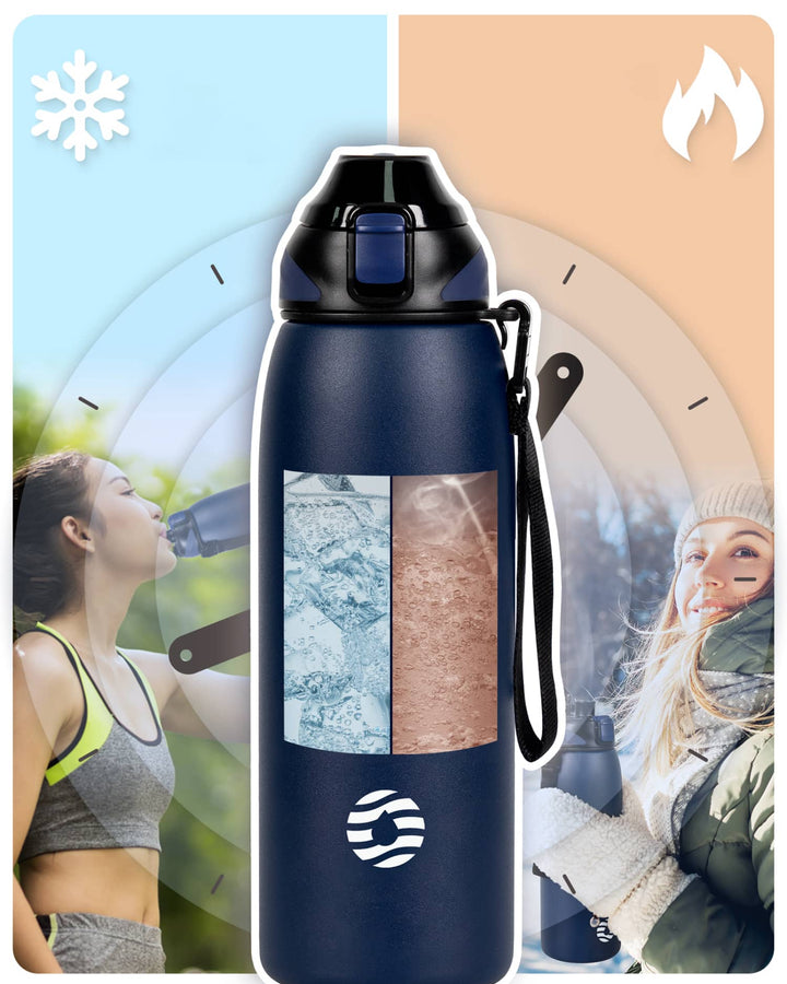 Bouteille d'eau isotherme en acier inoxydable de 1 000 ml avec sac de transport, bouteille pour boissons gazeuses, noire 