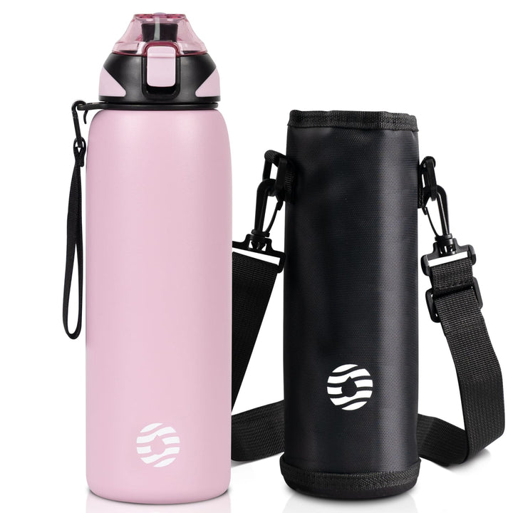 Bouteille d'eau isotherme en acier inoxydable de 1 000 ml avec sac de transport, bouteille pour boissons gazeuses, noire 