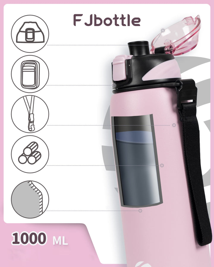 Bouteille d'eau isotherme en acier inoxydable de 1 000 ml avec sac de transport, bouteille pour boissons gazeuses, noire 