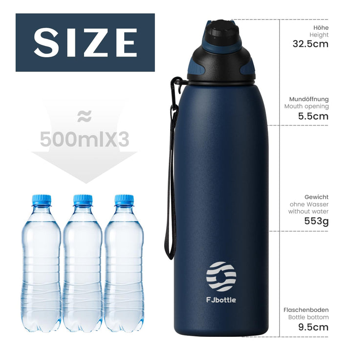 1500ml Thermo-Trinkflasche aus Edelstahl mit Magnetdeckel, geeignet für kohlensäurehaltige Getränke