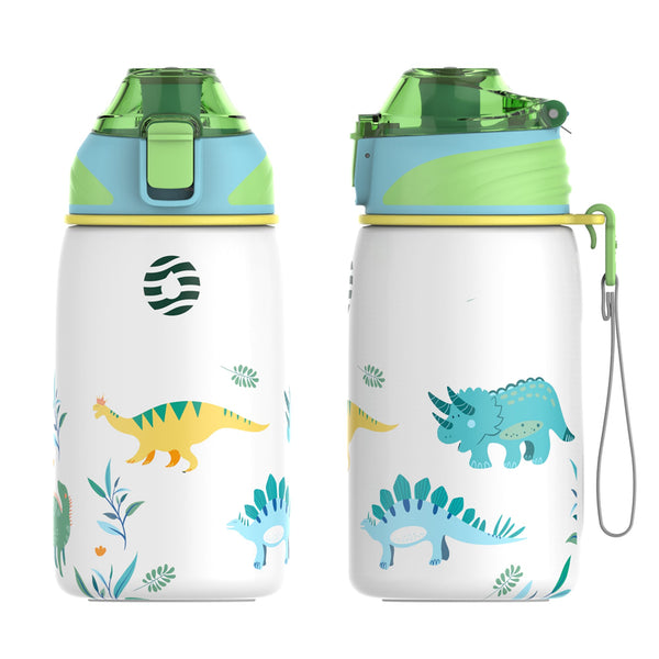 Bouteille isotherme pour enfants de 400 ml en acier inoxydable, bouteille d'eau gazeuse, dinosaure blanc