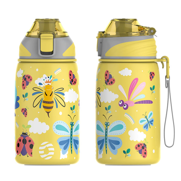 Bouteille isotherme pour enfants en acier inoxydable de 400 ml, bouteille d'eau gazeuse, abeille jaune 