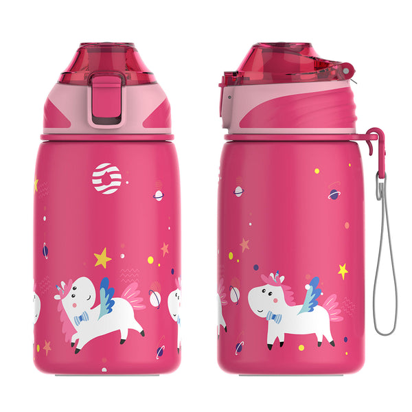 Bouteille isotherme pour enfants de 400 ml en acier inoxydable, bouteille d'eau gazeuse, licorne rouge 