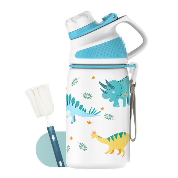 Bouteille d'eau thermos de 400 ml pour enfants avec couvercle magnétique, bouteille d'eau gazeuse, dinosaure blanc 