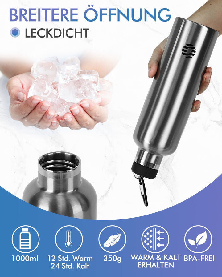 Bouteille isotherme en acier inoxydable avec mousqueton, 750 ml, bouteille d'eau gazeuse, vert foncé 
