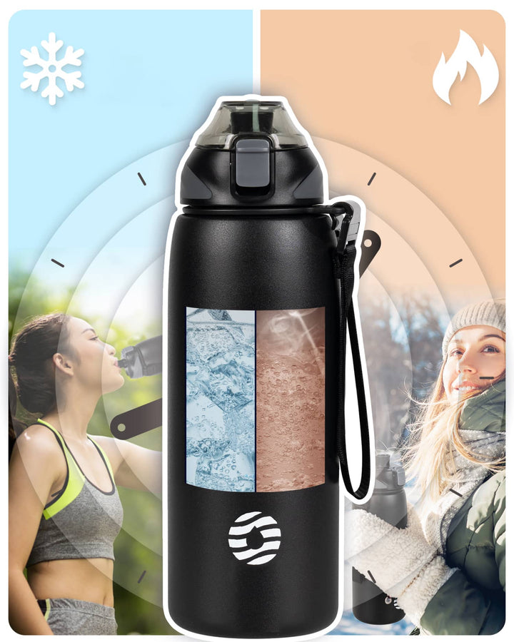 Bouteille d'eau isotherme en acier inoxydable de 800 ml avec sac de transport, bouteille de boisson gazeuse, bleu
