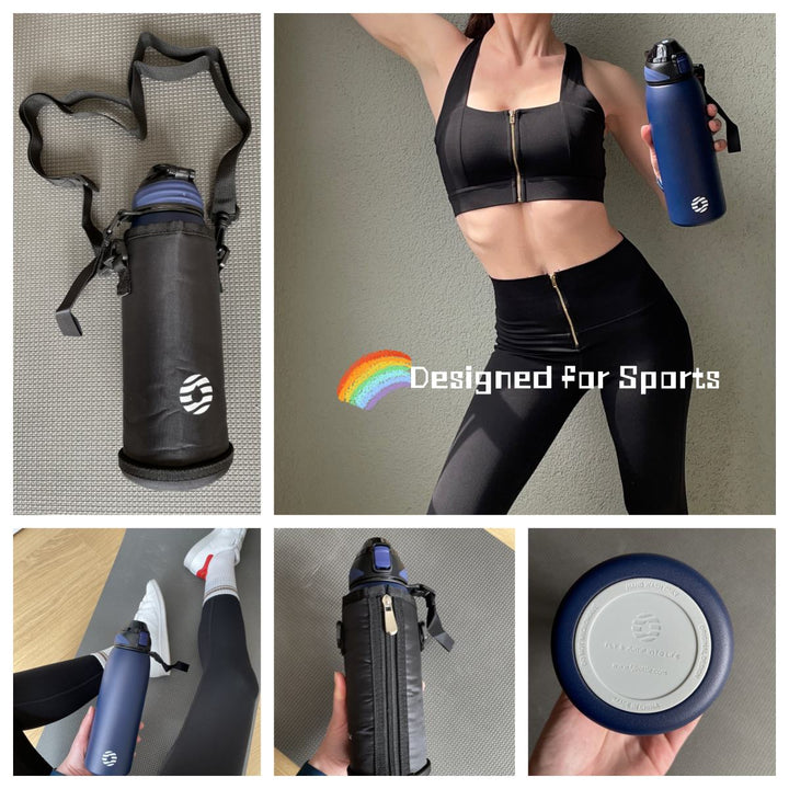 Bouteille d'eau isotherme en acier inoxydable de 1 000 ml avec sac de transport, bouteille pour boissons gazeuses, noire 