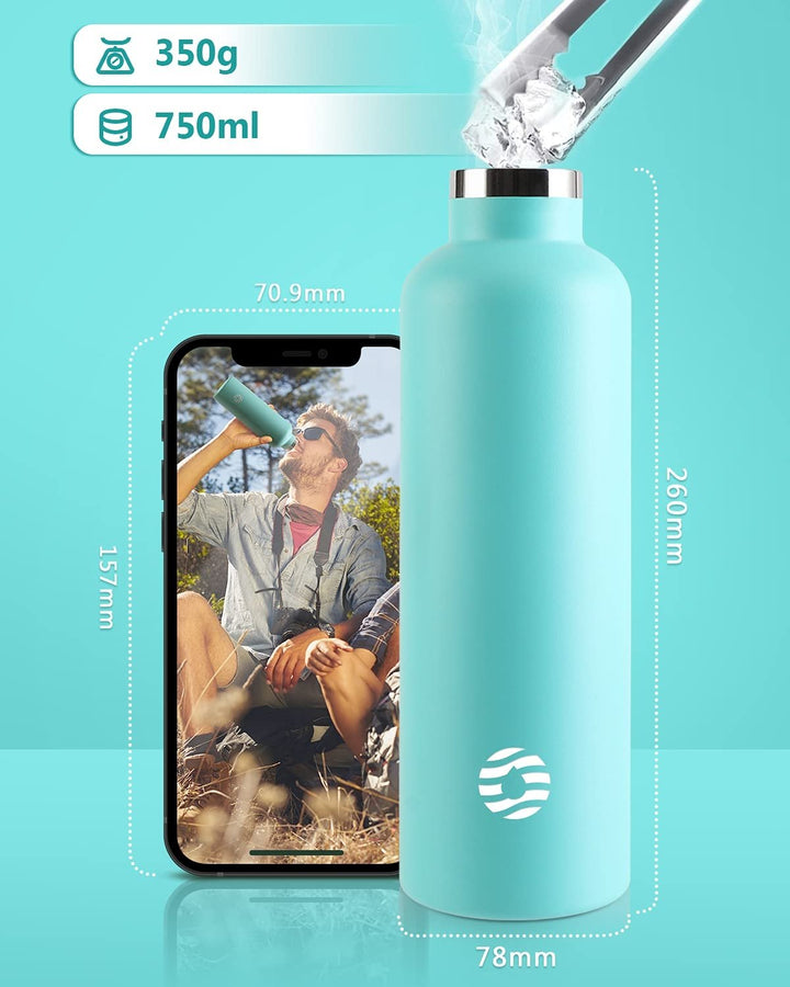 Bouteille isotherme en acier inoxydable avec mousqueton, 750 ml, bouteille d'eau gazeuse, vert foncé 
