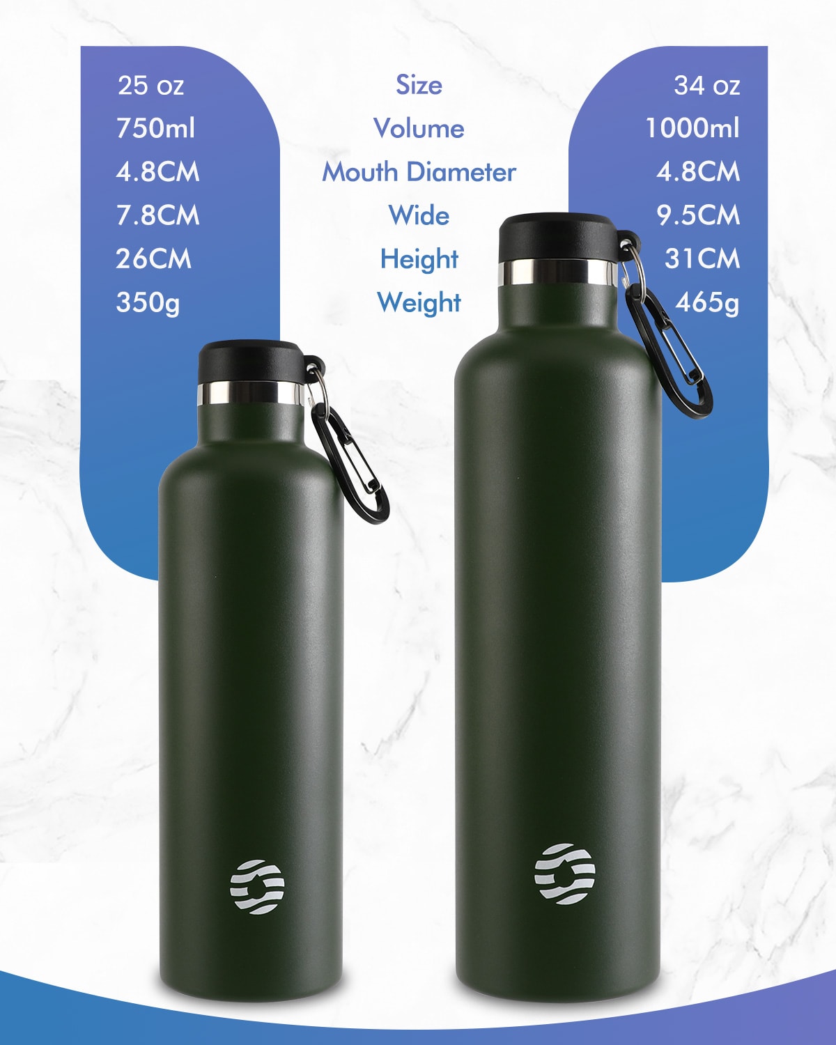 Bouteille en Acier Inoxydable 1000ml, Avec Mousqueton et Porte, Vert