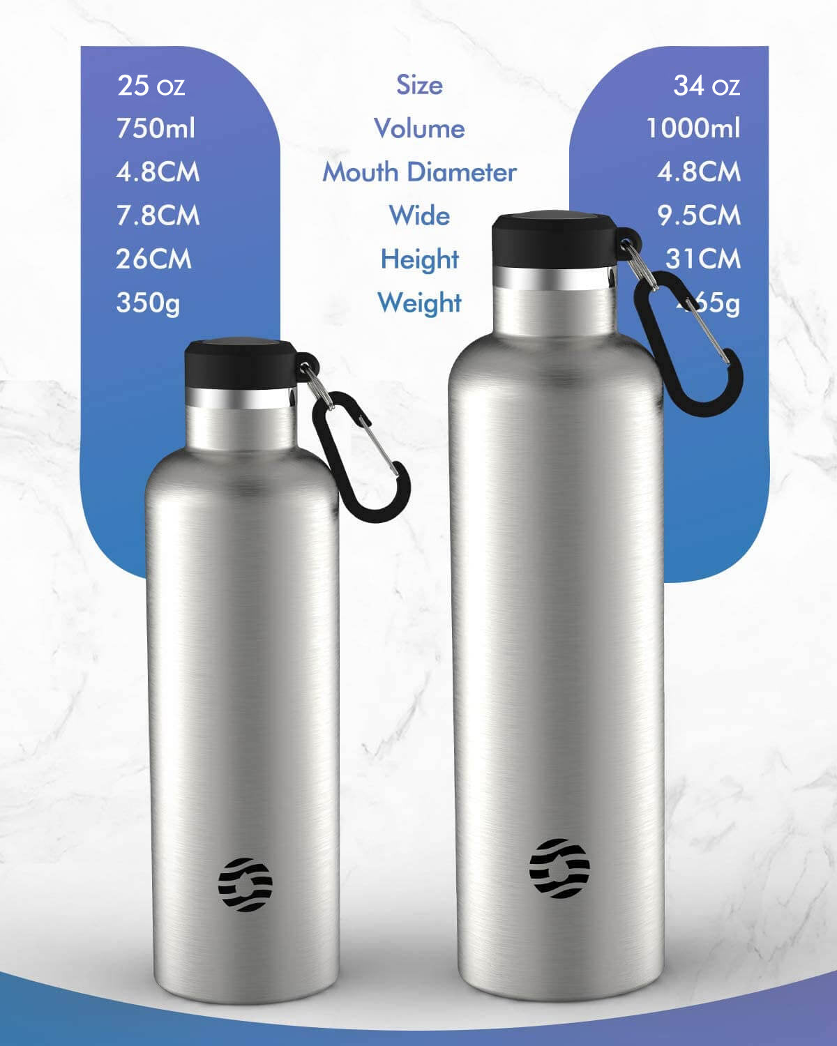 1000ml Bouteille Isotherme en acier Inoxydable, Argent