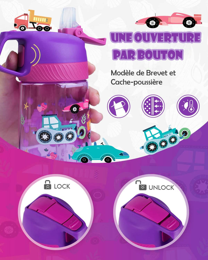 Bouteille en Plastique Pour Enfants Avec Paille 450ml, Voiture Violet