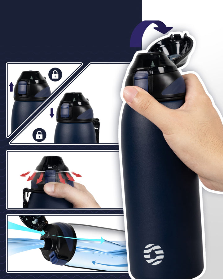 Bouteille d'eau isotherme en acier inoxydable de 800 ml avec sac de transport, bouteille de boisson gazeuse, bleu