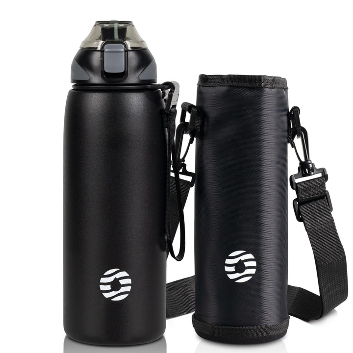 Bouteille d'eau isotherme en acier inoxydable de 1 000 ml avec sac de transport, bouteille pour boissons gazeuses, noire 