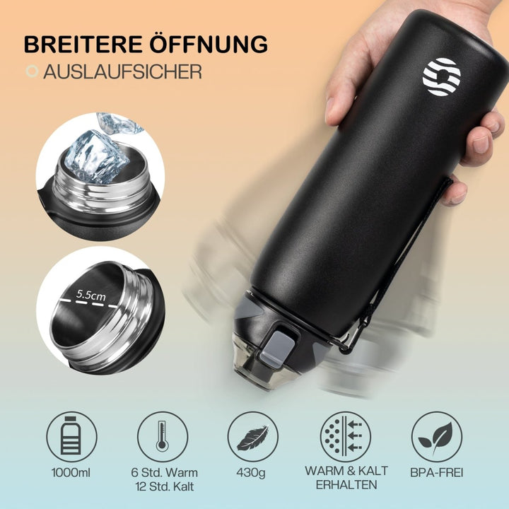 Bouteille d'eau isotherme en acier inoxydable de 1 000 ml avec sac de transport, bouteille pour boissons gazeuses, noire 