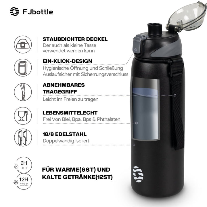 Bouteille d'eau isotherme en acier inoxydable de 1 000 ml avec sac de transport, bouteille pour boissons gazeuses, noire 