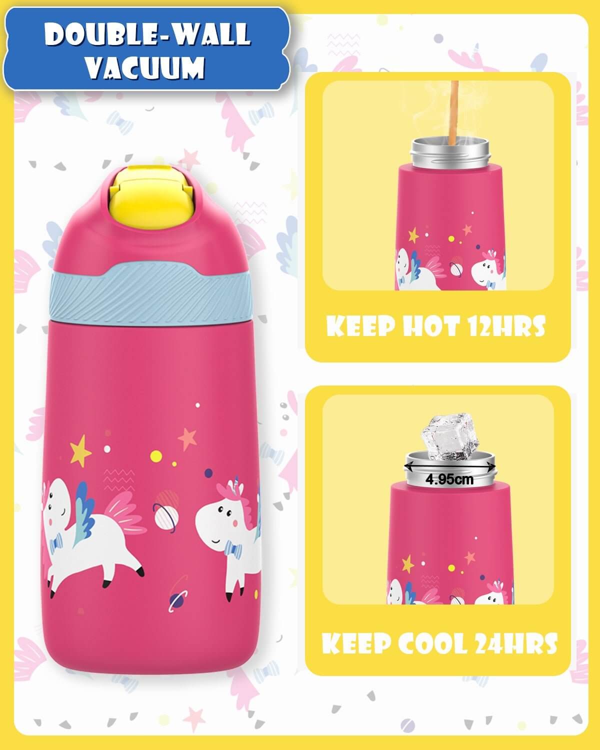 350ml Gourde Isotherme Enfant avec paille, Rose Mini Licornes