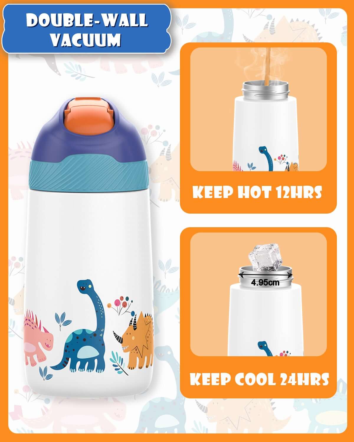 350ml Gourde Isotherme Enfant avec paille, Dinosaure blanc
