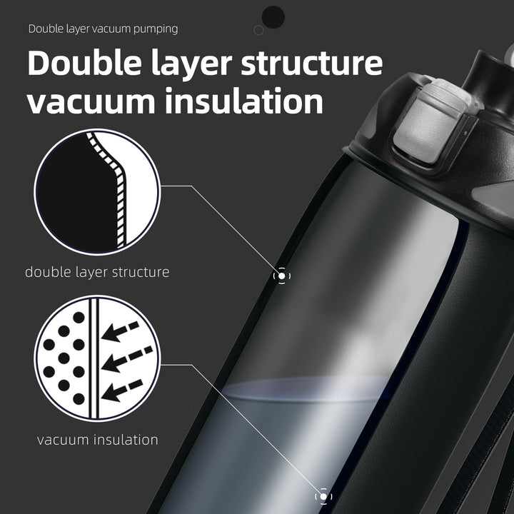 Bouteille d'eau isotherme en acier inoxydable de 1 000 ml avec sac de transport, bouteille pour boissons gazeuses, noire 