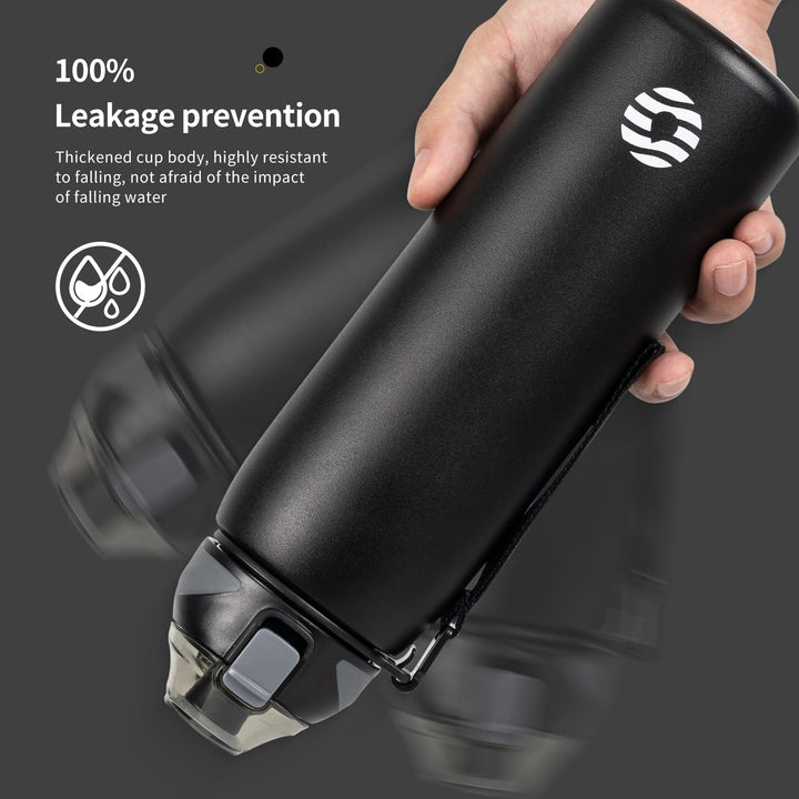 Bouteille d'eau isotherme en acier inoxydable de 1 000 ml avec sac de transport, bouteille pour boissons gazeuses, noire 
