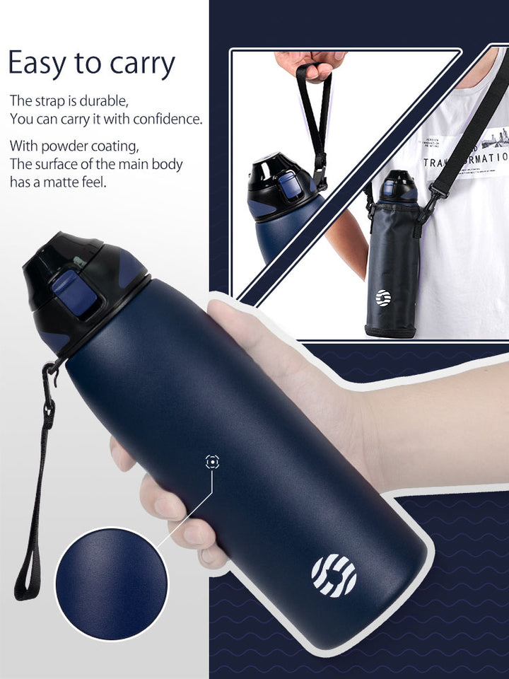 Bouteille d'eau isotherme en acier inoxydable de 800 ml avec sac de transport, bouteille de boisson gazeuse, bleu